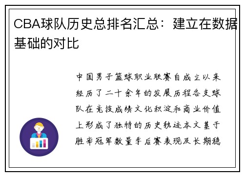 CBA球队历史总排名汇总：建立在数据基础的对比